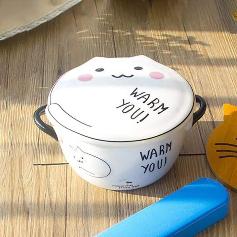 Ceramics Kawaii Cartoon Portable Containers Pattern Lunch Box With Cover Round Anti-slip Instant Noodles Bowl | Дом и сад