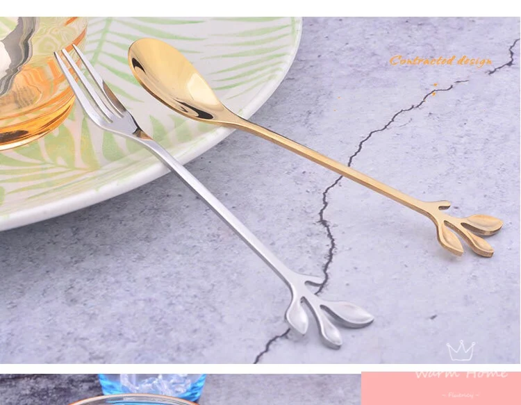 Golden Silver Leaf Spoon Stainless Steel Coffee Spoon Coffee Mixing Spoon Northern Europe Custom Gift Creative Branch Spoon