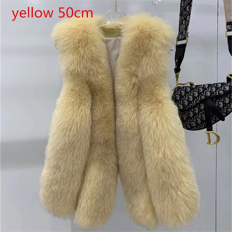 yellow 50cm Женский жилет из натурального Лисьего меха с наполнителем из белого утиного пуха - Цвет: yellow 50cm