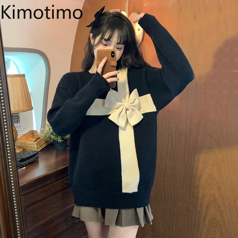 

Kimotimo Bow Sweater Women Autumn Winter 2021 New Design Outwear Cute Pullover Korean Chic Age Reduction Long-sleeved Knit Tops