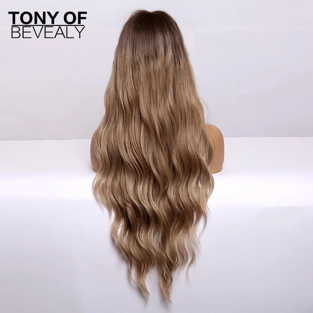 Длинные волнистые коричневые парики с эффектом омбре и челкой термостойкие
