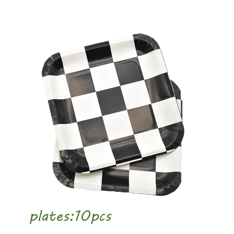10pcs plates Черно-белая клетчатая одноразовая посуда, набор бумажные тарелки и стаканы, шахматы, клетчатые, для дня рождения, вечеринки, для детского душа, украшения для детей - Цвет: 10pcs plates