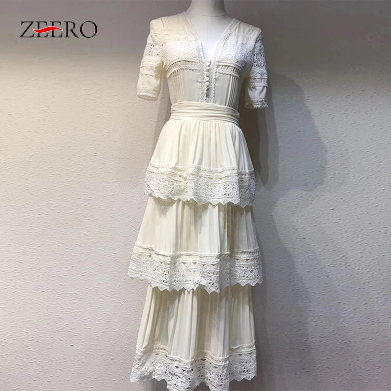 Женское длинное платье с каскадными оборками Кружевное белое макси коротким