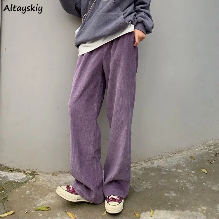 Брюки женские вельветовые с высокой талией летние однотонные фиолетовые |