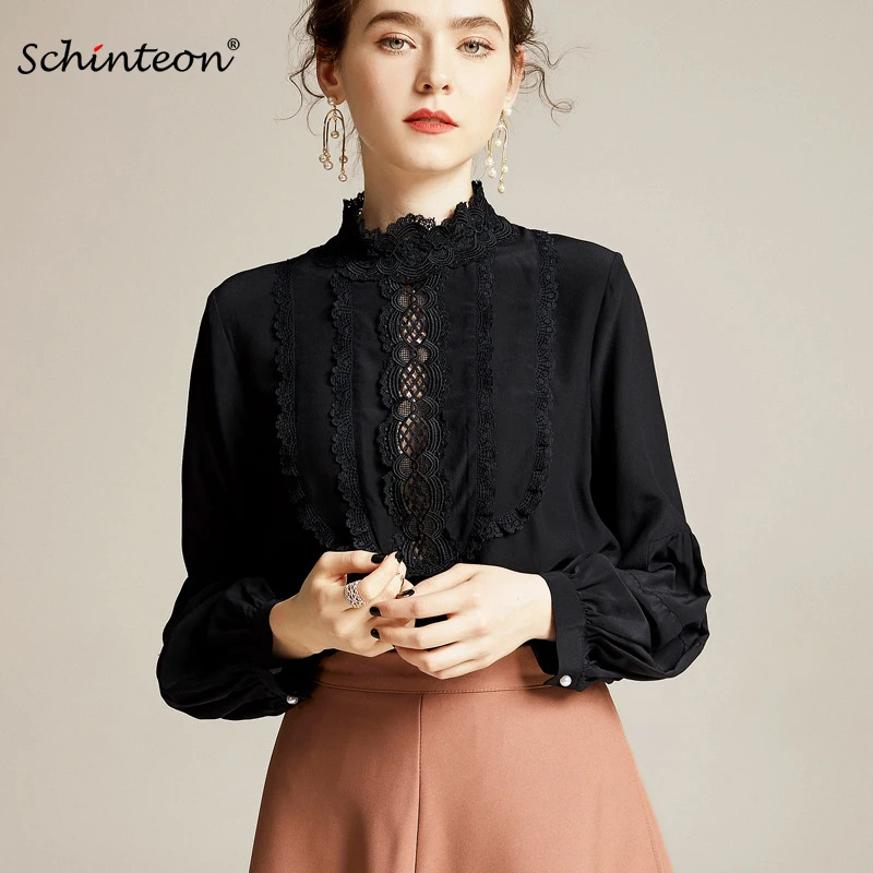 Женская блузка из 100% натурального шелка с воротником стойкой и рукавами