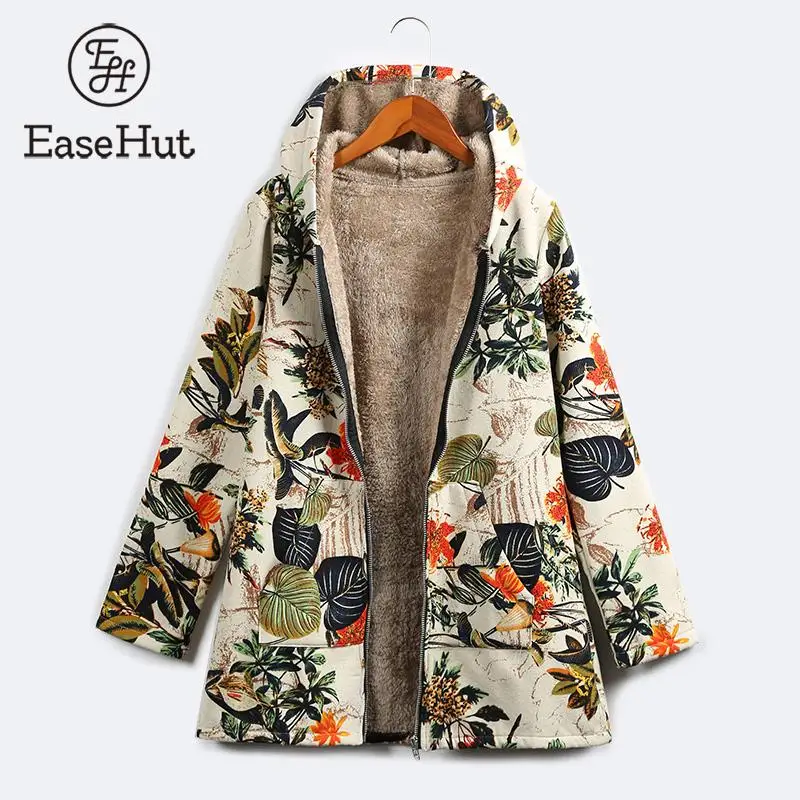EaseHut 5XL плюс размер женские осенние парки Пальто винтажная Цветочная печать тонкая флисовая зимняя куртка женская с капюшоном теплая уличная