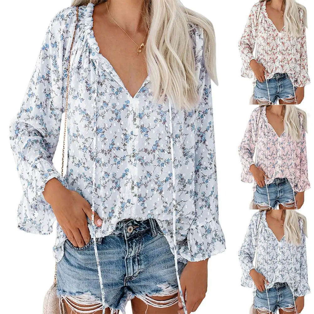 

Women Long Sleeve T Shirt V-Neck Casual Tops Floral Loose Blouse
