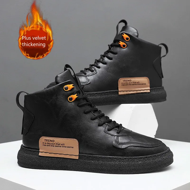 

2020 new autumn and winter all-match comfortable front lace black round toe ultra-shift flat heel daily high-top sneakers