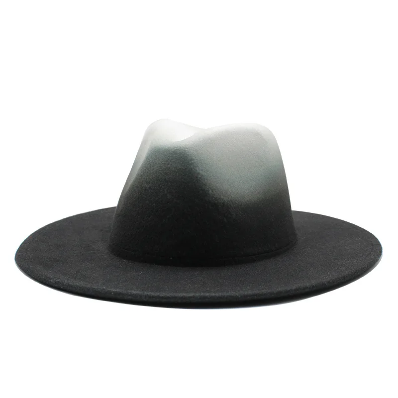 

Men Woolen Cap Cowboy Tie-dye Winter Fedora Hat Big Brim For Men Jazz Hats Two-color British Hat 2020