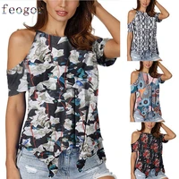 feogor oversized t shirt 2021 summer new casual womens off the shoulder hollow sleeve blouse floral print womens t shirt