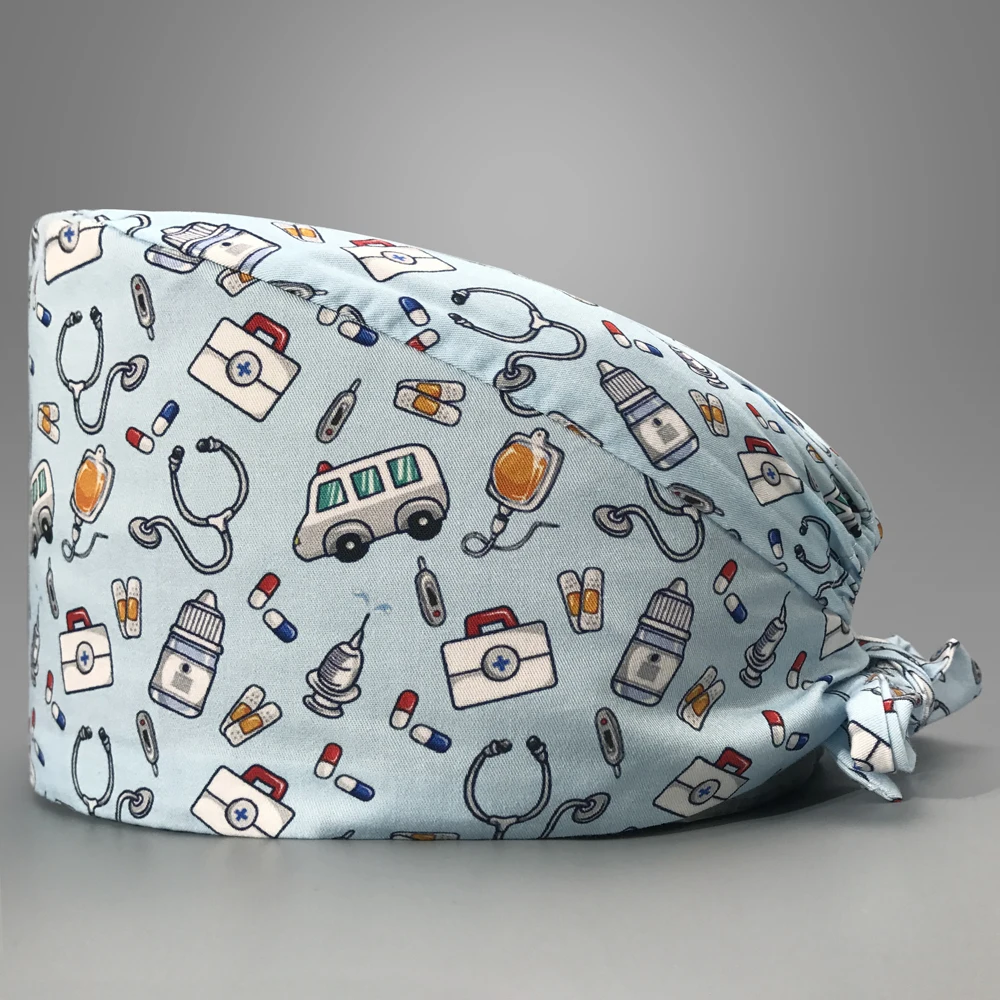 

Unisex Pure Cotton Frosted Hat Adjustable Doctor nurse electrocardiogram printing High Quality Sweat Absorbent Elastic Scrub Cap