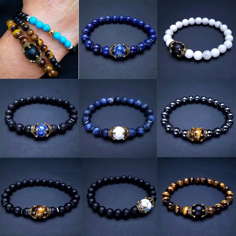 

2021 New Fashionable Retro Natural Lapis Lazuris/Hematite/Tigers Eye Stone Crown Bead Bracelet For Man Gift Jewelry