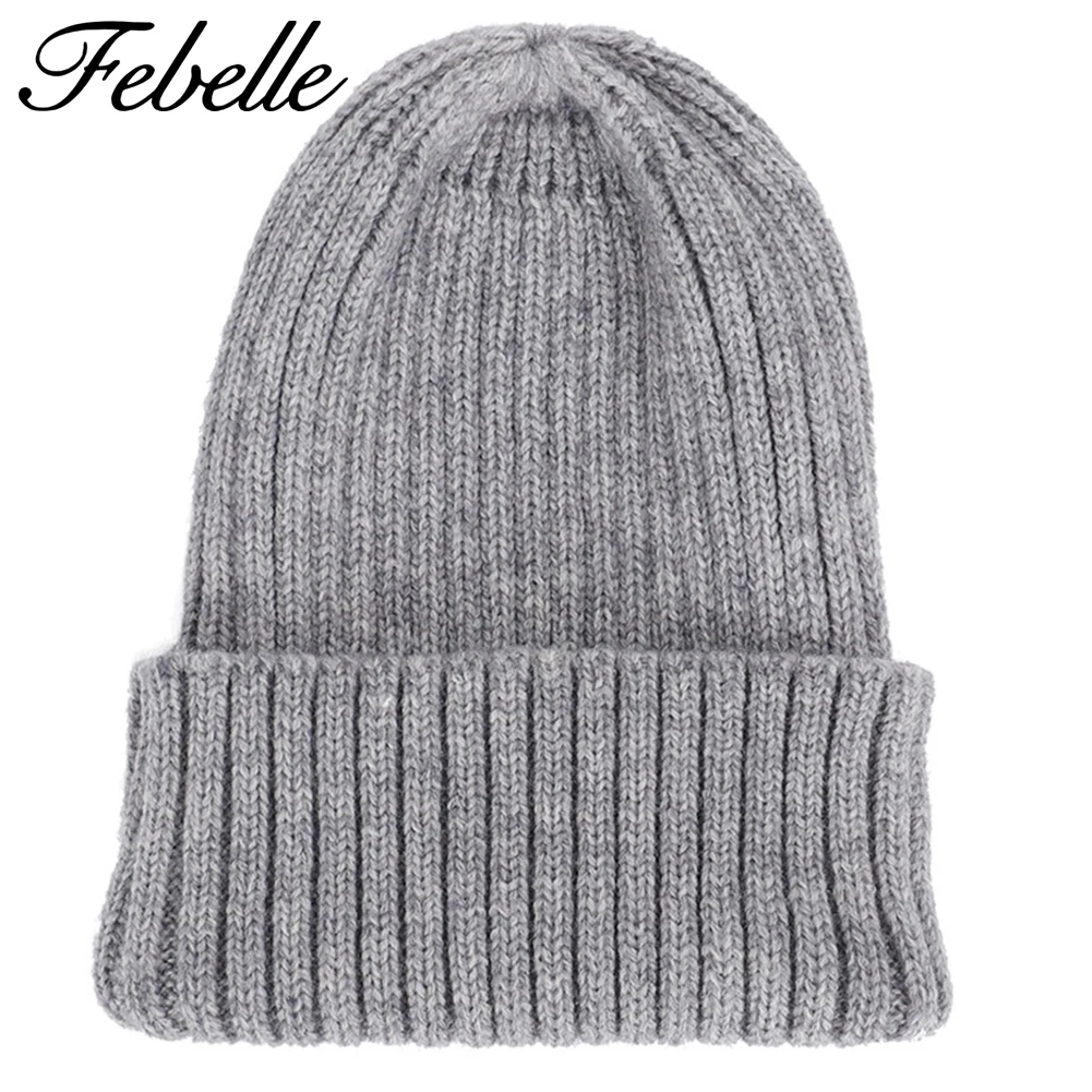 Зимняя шерстяная унисекс Шапка бини для женщин и мужчин Febelle вязаные однотонные
