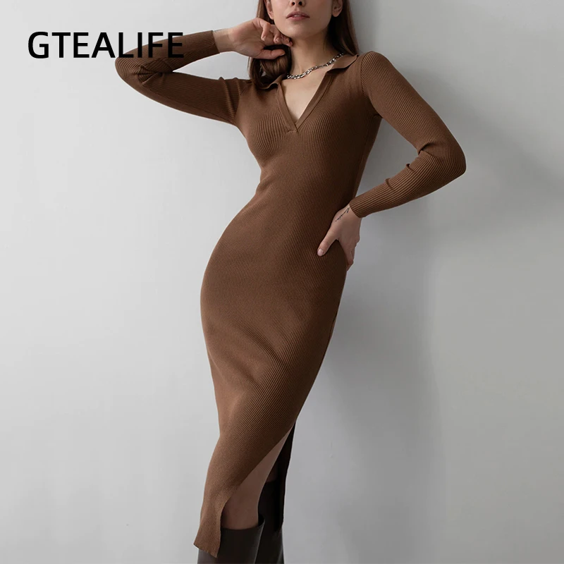 

GTEALIFE Solid Office Lady Bodycon Ribbed-knit V Neck Turn Down Collar Long Sleeve Elegant Midi Dress Women Winter Fall Clothes