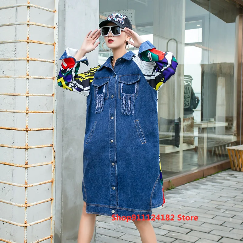 

Autumn Fashion Personality Tide Brand Large Size Medium and Long Coat Women's Wash Lapel Print Graffiti Stitching Denim Jacket