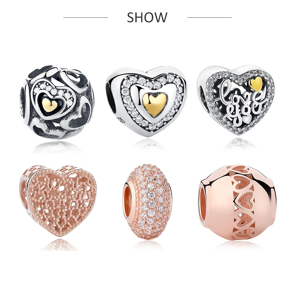 Подходят оригинальный браслет с шармами стерлингового серебра 925 Золотое сердце