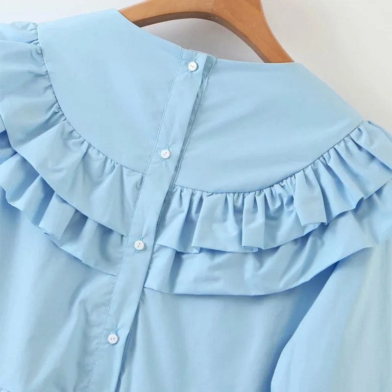 

Korean Version of The Simple Round Neck Laminated Long Sleeve Blue Sweet Chic Women's Shirt Trumpet Sleeve Casual Female Tops
