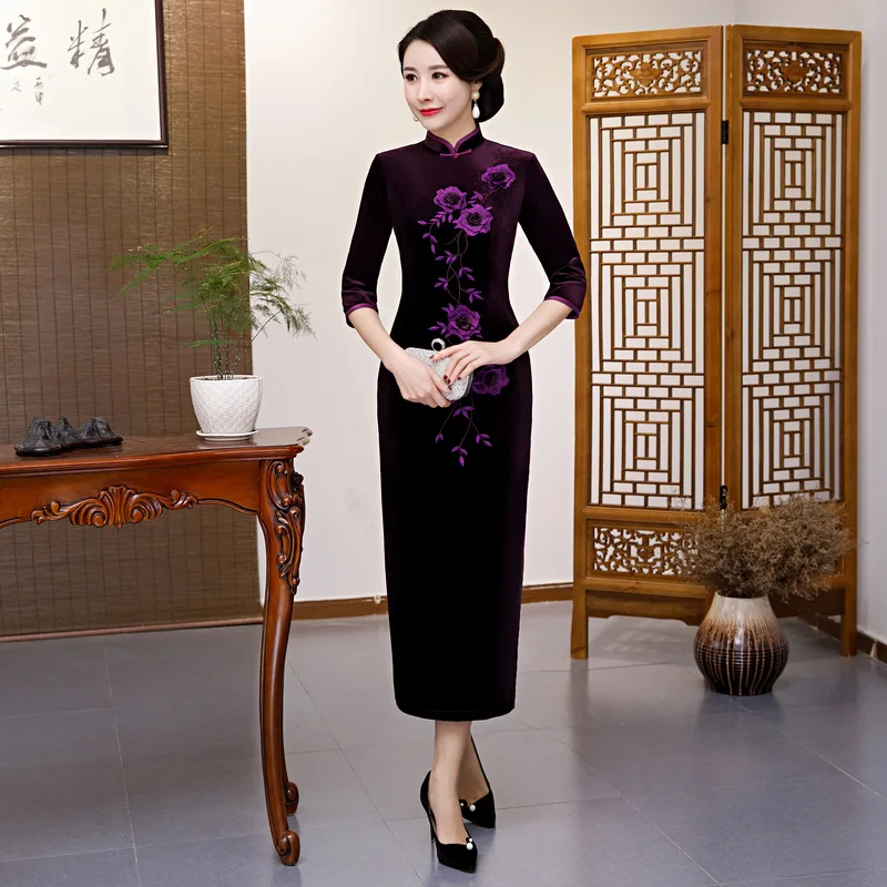 

New Slim Qipao Flower Elegant High Split Cheongsam Novelty Ankle-Length Chinese Dress Autumn Winter