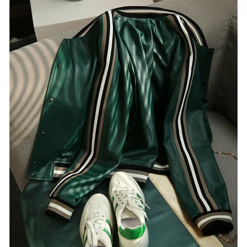

2021 women's spring and autumn jacket green leather baseball jacket short leather coat fashion women slim