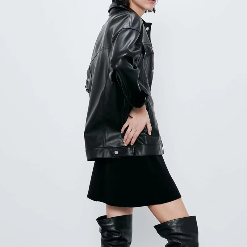 Женская кожаная куртка черная винтажная Повседневная мотоциклетная из