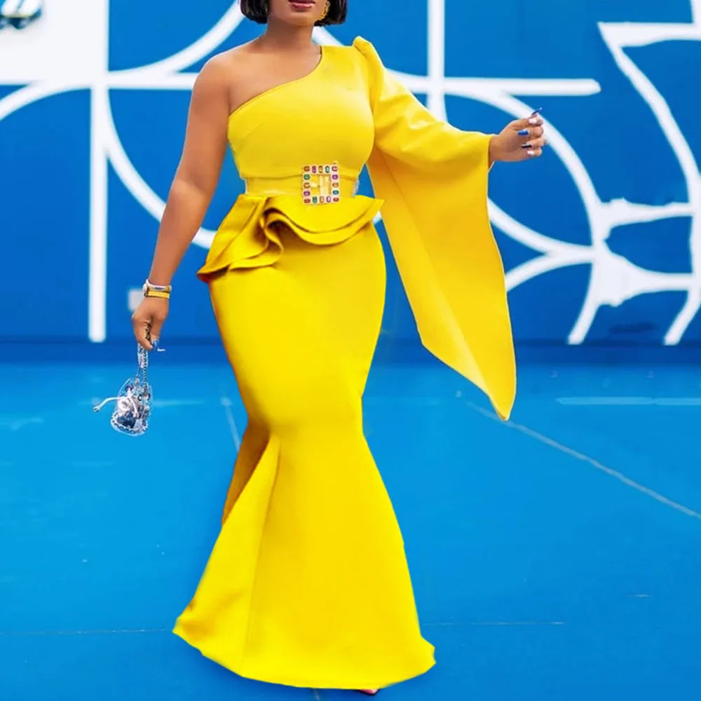 Женское платье на одно плечо Falbala желтое элегантное вечернее русалки с длинным