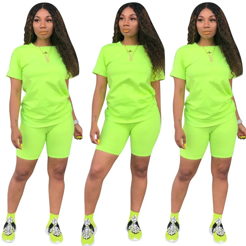 

Neon Women Two Piece Tracksuit Sets Short Sleeve Tops+Jogger Shorts Pants Suit 2021 Sport Fitness Outfit Matching Set Casual