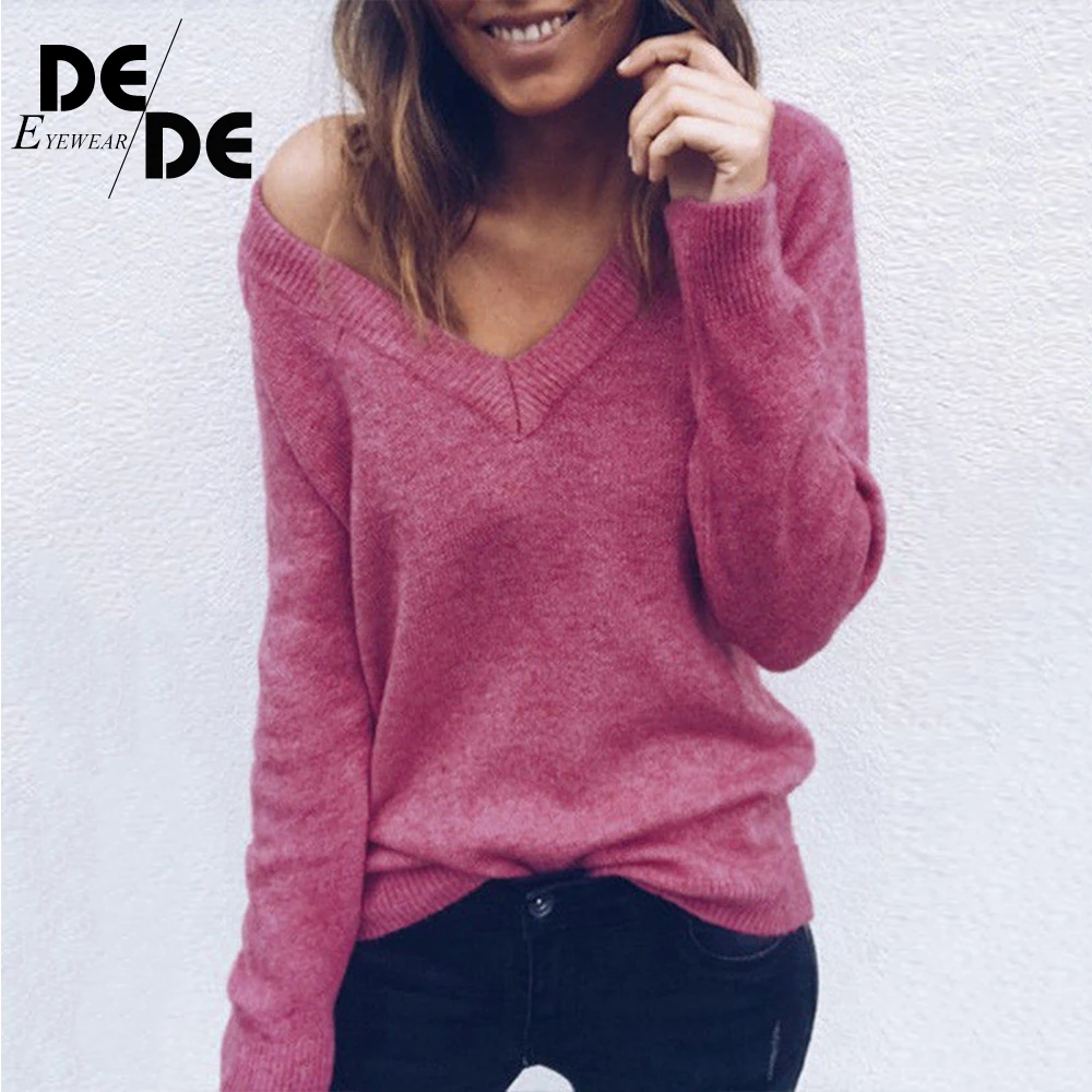 

Женский вязаный свитер, однотонный свободный свитер с v-образным вырезом, модная повседневная верхняя одежда, свободные топы