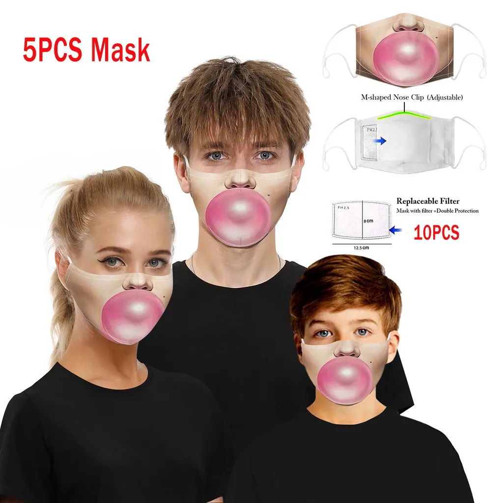 

5PCS Mask + 10PCS Filters Unisex Creativity Washable Reusable Mouth Masks Cute Funny Print Cartoon Face Mask Mascarillas Masque
