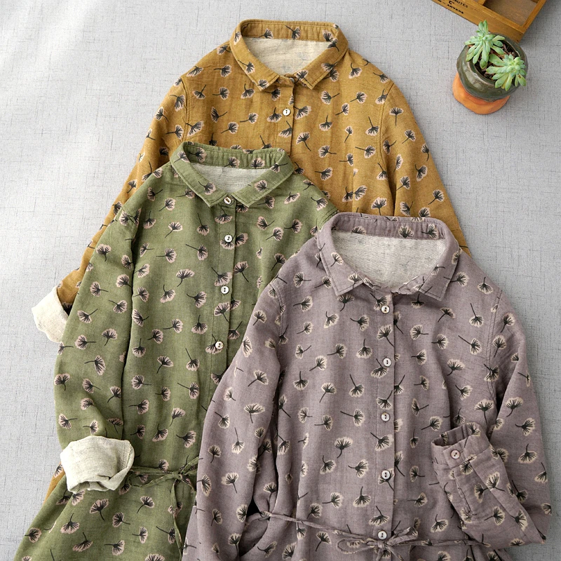 

Spring Autumn Women Bacis Loose Vintage Print Comfortable Water Washed Cotton Shirt Dresses W/h Belt