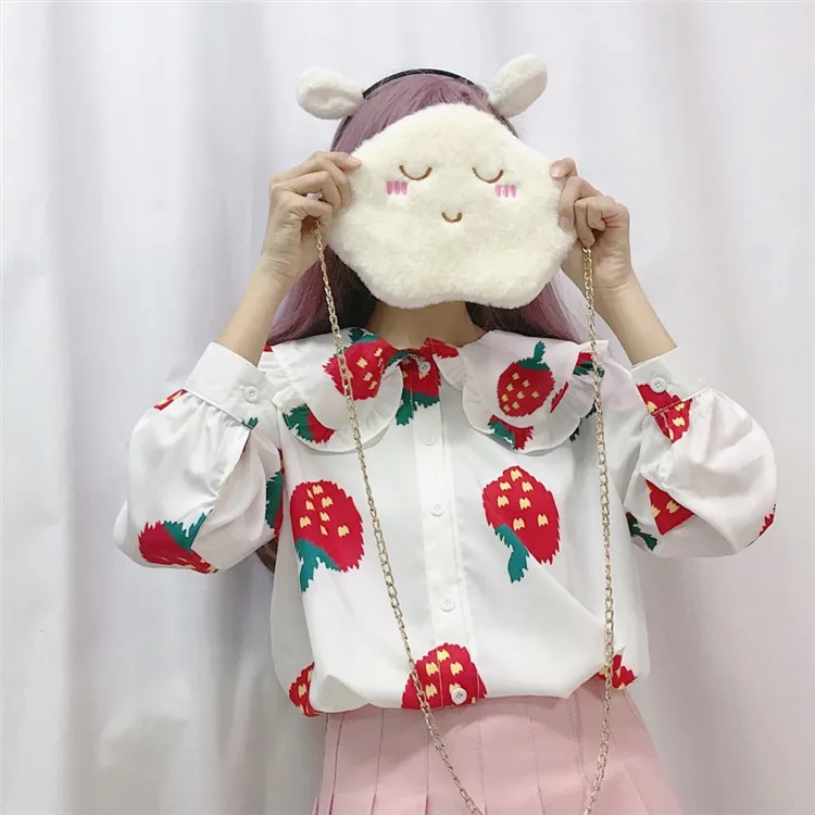 Милая женская блузка с клубничным принтом милая Свободная рубашка воротником