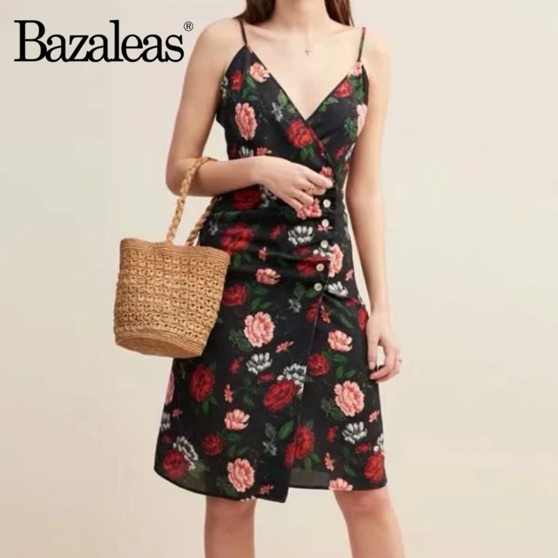 Bazaleas винтажное черное платье с цветочным принтом женское тонкое боковыми