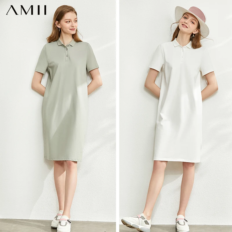 Женское платье поло AMII Minimalism однотонное свободное до колена с короткими рукавами