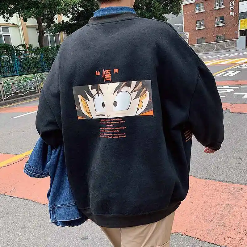 

SUNOWE Autumn Winter 2021 Goku Carton Print Sweatshirts Mens Loose Harajuku Coat Hoodies Male O-Neck Pullopver Tops