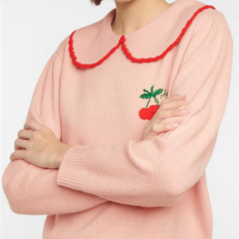 

Cherry Embroidery Women Peter Pan Collar Sweater Sweet Pink Knit Pullover Wool 2021 Fall Ladies Long Sleeve Jumpers