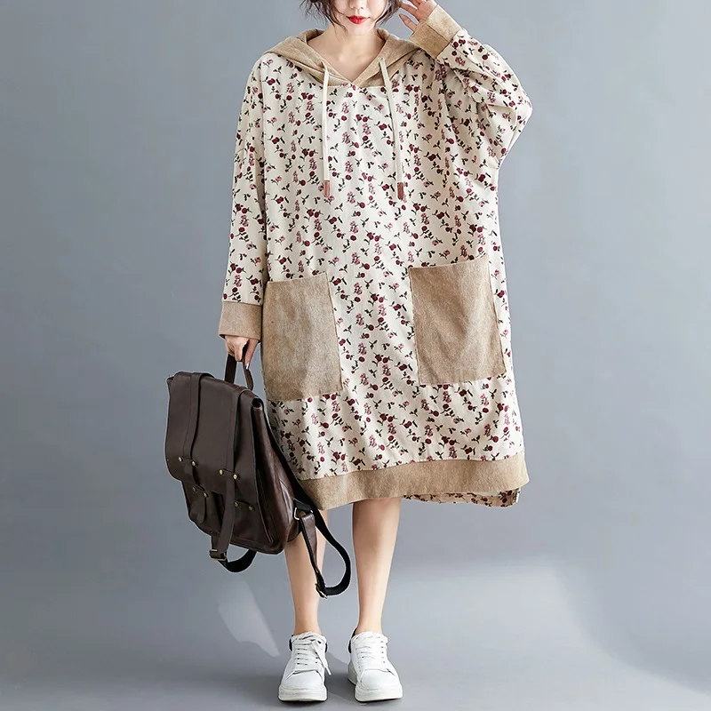 Вельветовое винтажное платье с длинным рукавом и цветочным принтом размера плюс