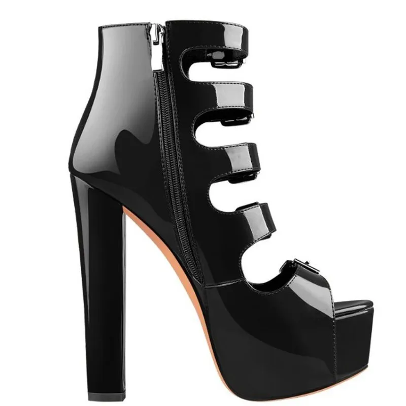 

Hot Sale Womens Platform Peep Toe Pattern Block Super High Heel 16CM Belt Buckle Patent Leather Sandals Sexy Nightclub Shoes Plu