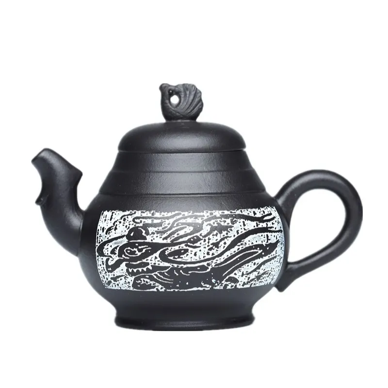 

Yixing purple clay pot assistant special price raw ore black mud full hand sculpture peacock ancient mural pot teapot Teapot Tea