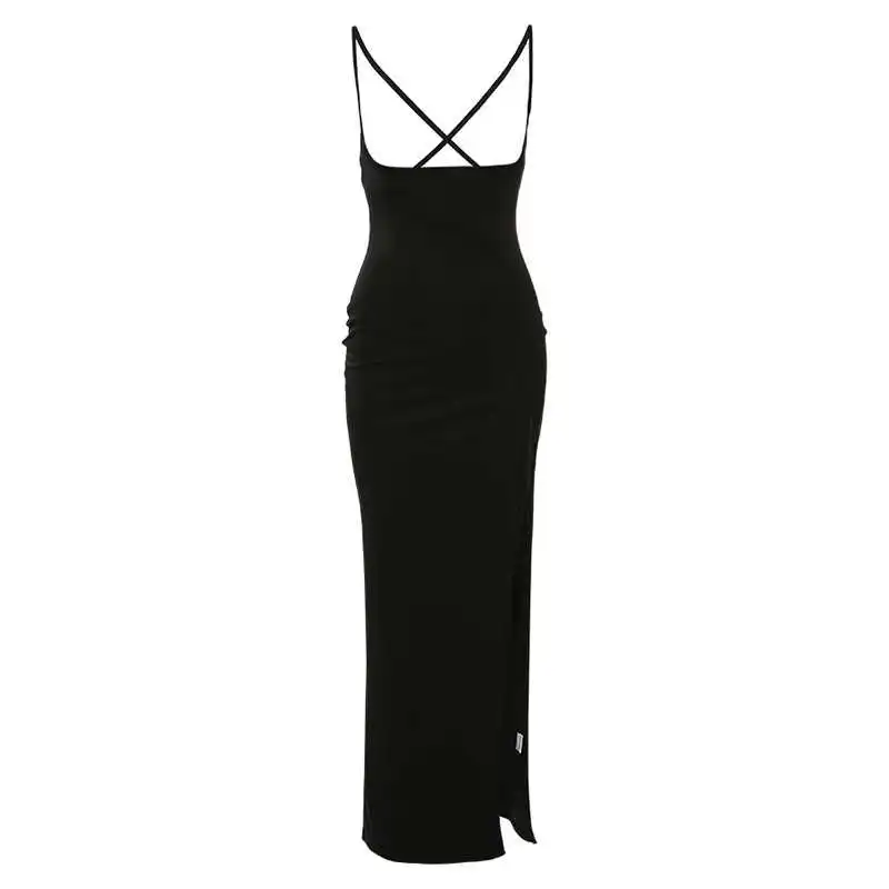 

Autumn and Winter New Women's Wear Suspender Cross Open Back Sexy Split Slim Temperament Dress Jeans Skirt Striped Clothes