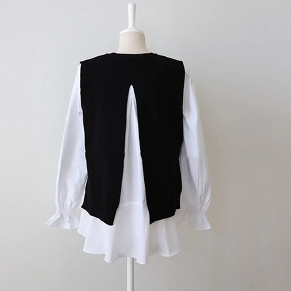 

Spring Long Sleeve T-Shirt and Knitted Black Vest 2PCS Elegant Office Ladies Female Tops Causal Women Clothings Plain T Shirts