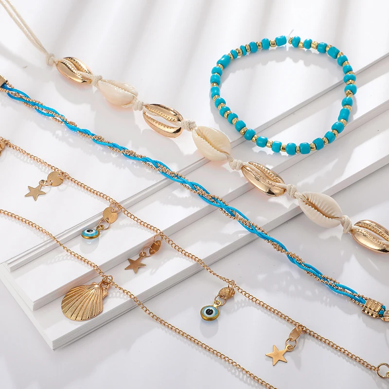 

Tocona Bohemian Gold Color Shell Blue Beaded Star Eye Pendant Anklet Set for Women Multilayer Anklet Bracelet Jewelry 7075