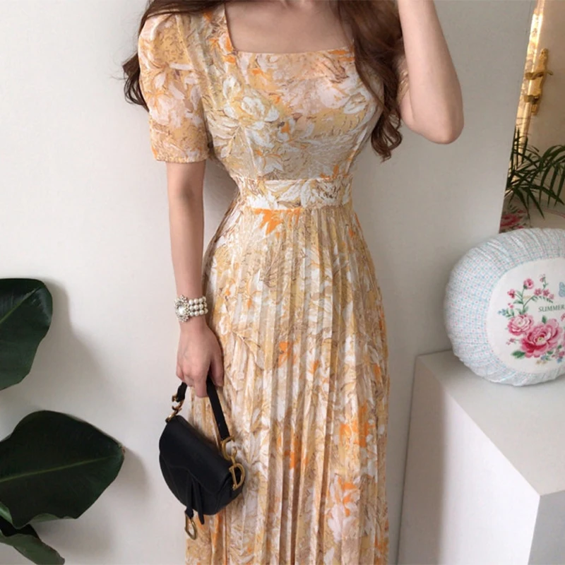 

2022 Summer Korean Vintage Printed Long Dress Women Short Sleeve Pleated Sukienka Elegant One-Piece Dress Chiffon Robe Femme