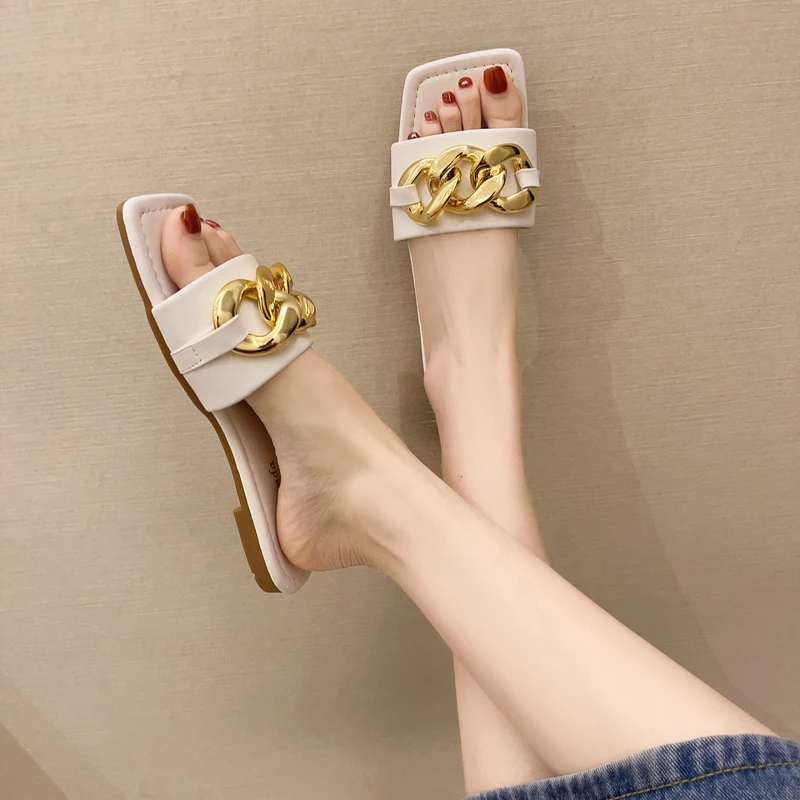 

Low Square Toe Female Shoes Summer Clogs Woman Rivet Candy Colors Slippers Flat Slides 2021 Beach Metal Decoration PU Rubber