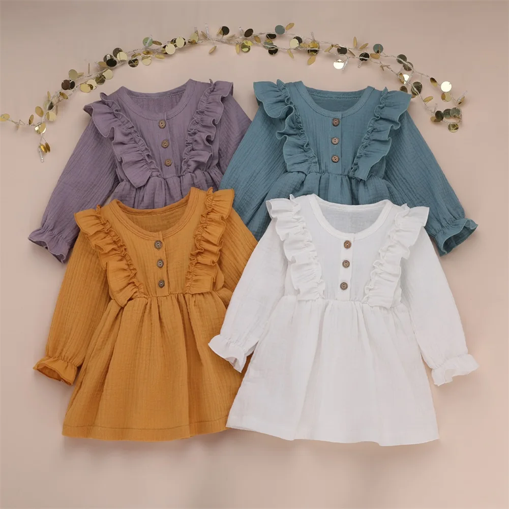 Baby Spring Autumn Clothing Toddler Kids Baby Girl Cotton Line Party Casual Dress Long Sleeve Clothes Solid Sundress 1-6T