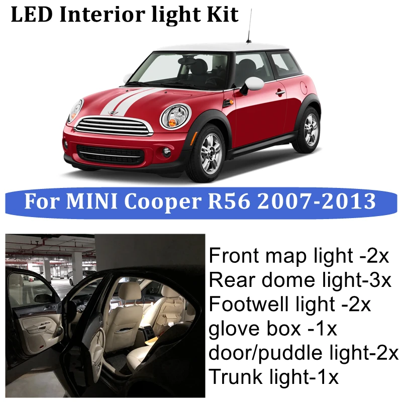 

11x Автомобильный светодиодный Canbus для R56 MINI Cooper S JCW R56 07-12 светодиодный комплект внутреннего освещения Карта Купол багажник Footwell дверные ламп...