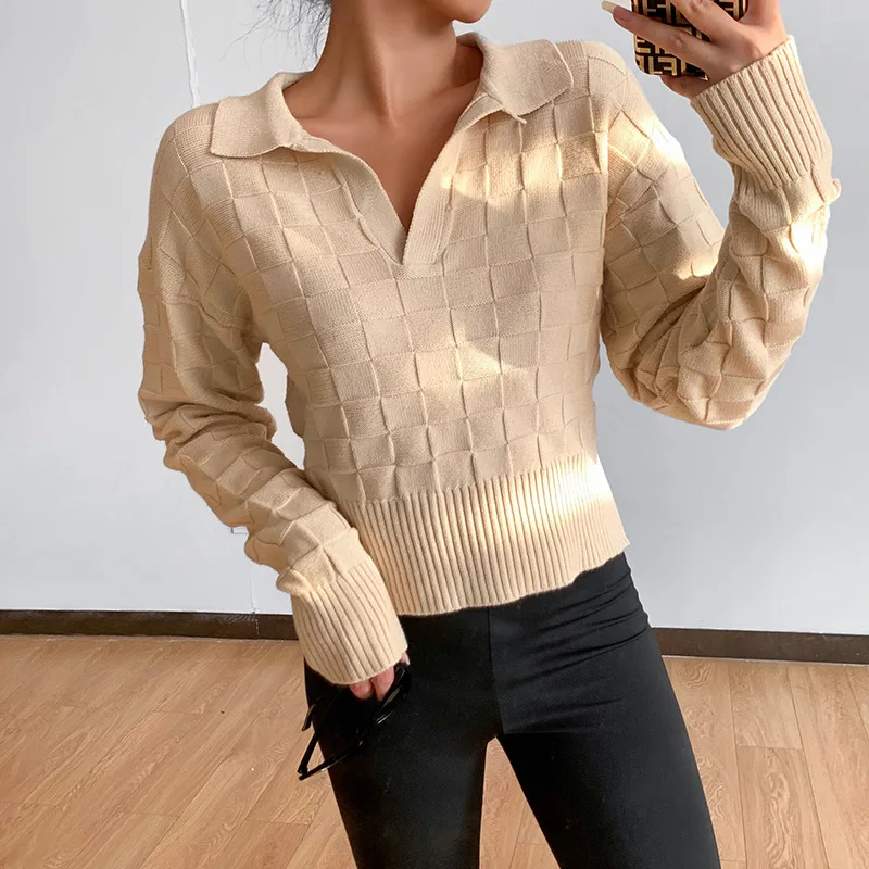 

Autumn Winter New Style Casual Concavo-convex Lapel Tight-fitting Without Placket Solid Color Thick Long-sleeved Argyle Sweater