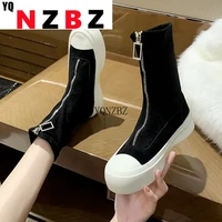 2021 new chunky shoes women flock ankle boots platform stretch fabric booties autumn ladies short boots zapatos de mujer 35 40