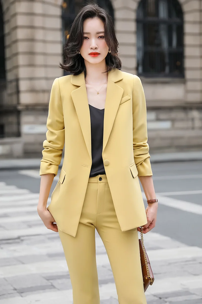 High Quality Fabric Elegant Yellow Formal Uniform Designs Pantsuits with Pants and Jackets Coat OL Styles Professional Blazers | Женская