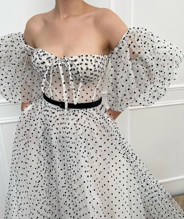 2020 High Quality Elegant Party Dress Dots Sweetheart Boat Neck Sashes Ruffles Prom Dress