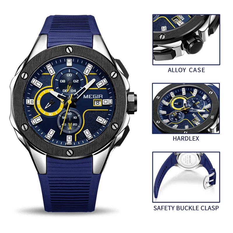 

MEGIR 2021 Fashion Men Sport Watch with Chronograph Waterproof Silicone Quartz Military Men Watches Clock Male Relogio Masculino