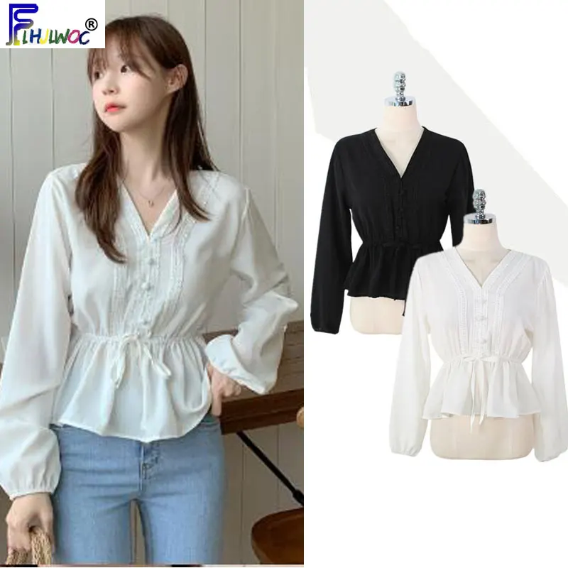 Осенний Приталенный топ с баской лидер продаж Женская милая рубашка в корейском